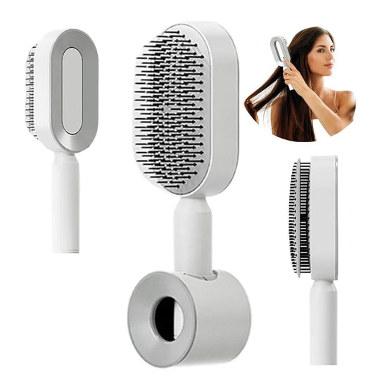 Self-cleaning and detangling hairbrush with ventilated air cushion